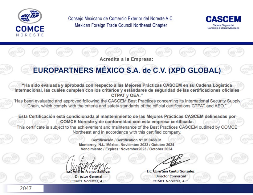 Imagen de la certificación CASCEM de xpd global