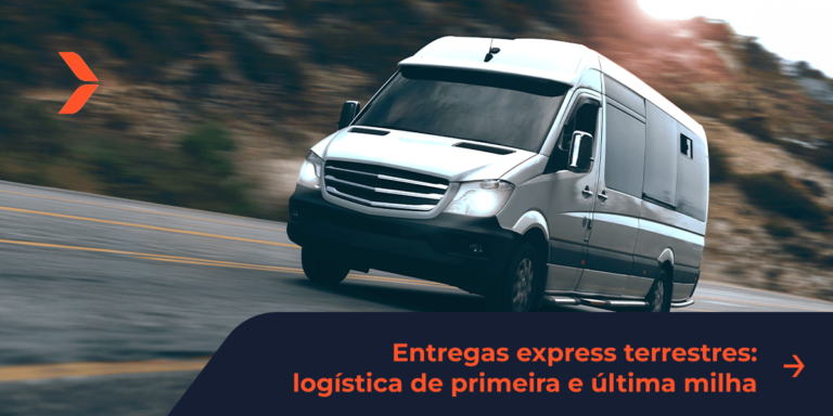 A imagem de uma van de carga em alta velocidade te convida a conhecer mais sobre nosso serviço de entrega rápida terrestre e nossas soluções de frete transfronteiriço na América do Norte e Europa.