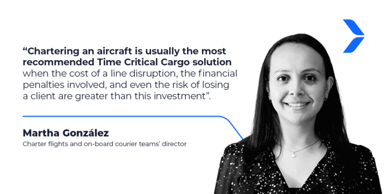 A woman, identified as Martha González, is pictured next to a quote about the benefits of chartering aircraft for time-critical cargo solutions.